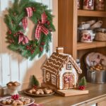 Rustic holiday kitchen decor featuring a gingerbread house display, a festive evergreen wreath with red berries and plaid ribbon, and plates of gingerbread cookies on a wooden countertop. The cozy setup includes traditional holiday touches and a red plaid cloth, creating a warm and inviting Christmas atmosphere in the kitchen. Ideal for a classic, farmhouse-style holiday look.