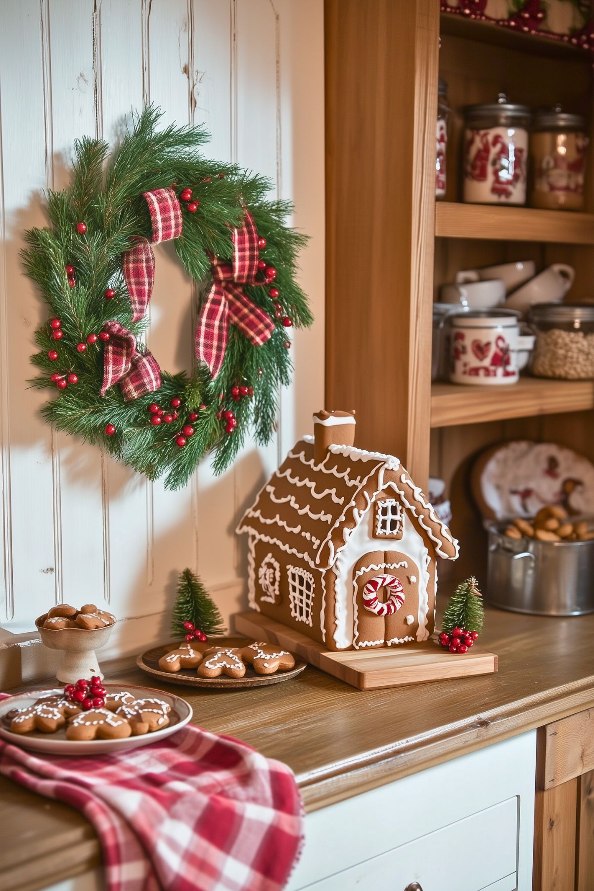 Rustic holiday kitchen decor featuring a gingerbread house display, a festive evergreen wreath with red berries and plaid ribbon, and plates of gingerbread cookies on a wooden countertop. The cozy setup includes traditional holiday touches and a red plaid cloth, creating a warm and inviting Christmas atmosphere in the kitchen. Ideal for a classic, farmhouse-style holiday look.