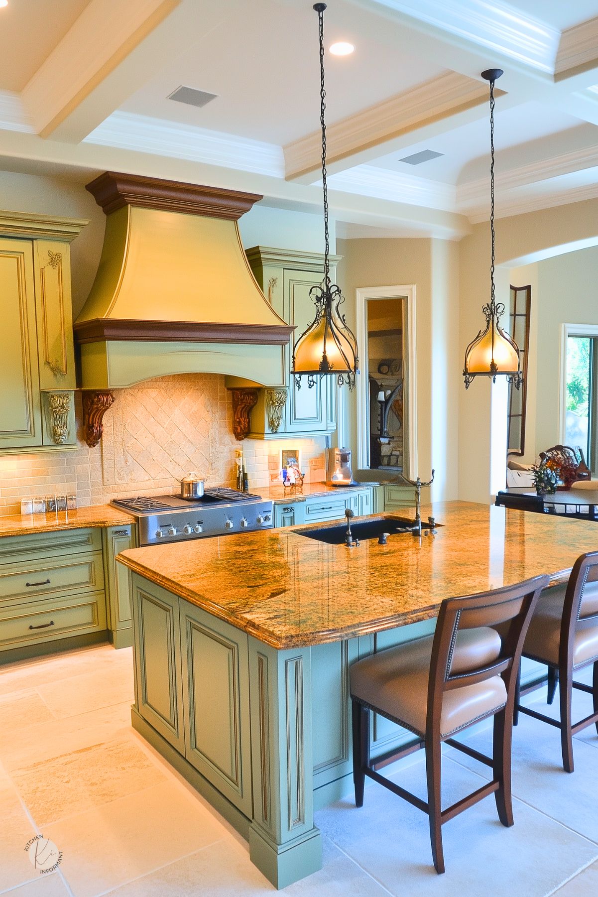 Traditional kitchen with sage green cabinetry, a large gold granite island, and ornate pendant lighting. A custom range hood and intricate wood details add a touch of elegance.