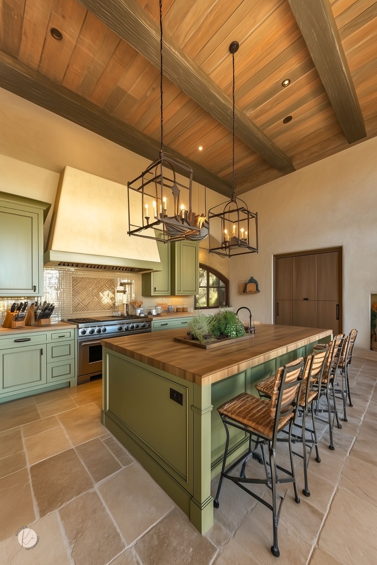 Rustic kitchen with sage green cabinetry, a butcher block island, and wrought iron lantern chandeliers. Exposed wood beams, textured tile backsplash, and woven barstools add a warm, earthy feel.