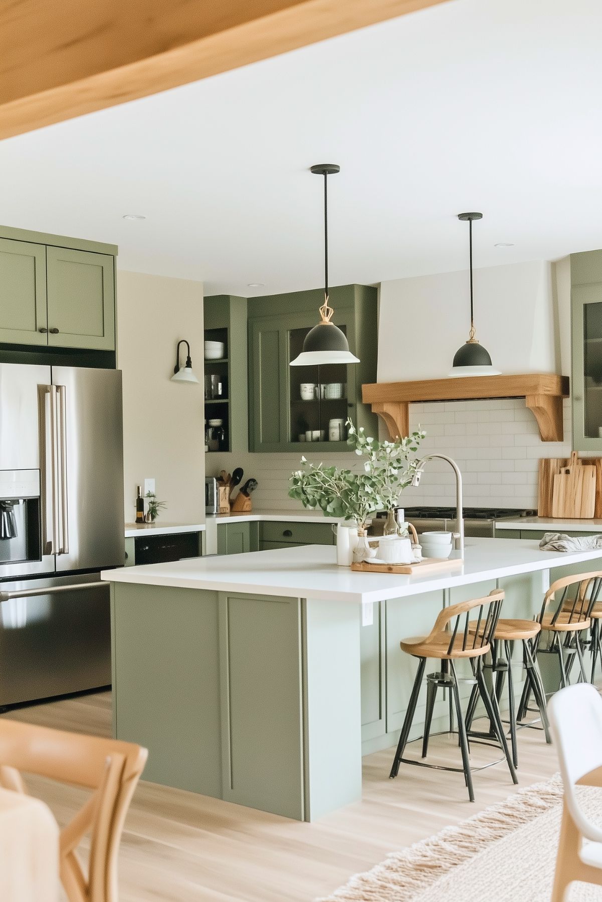 Charming kitchen with sage green cabinetry, a white countertop island, and black pendant lighting. Warm wood accents, subway tile backsplash, and natural decor create a cozy, inviting atmosphere.