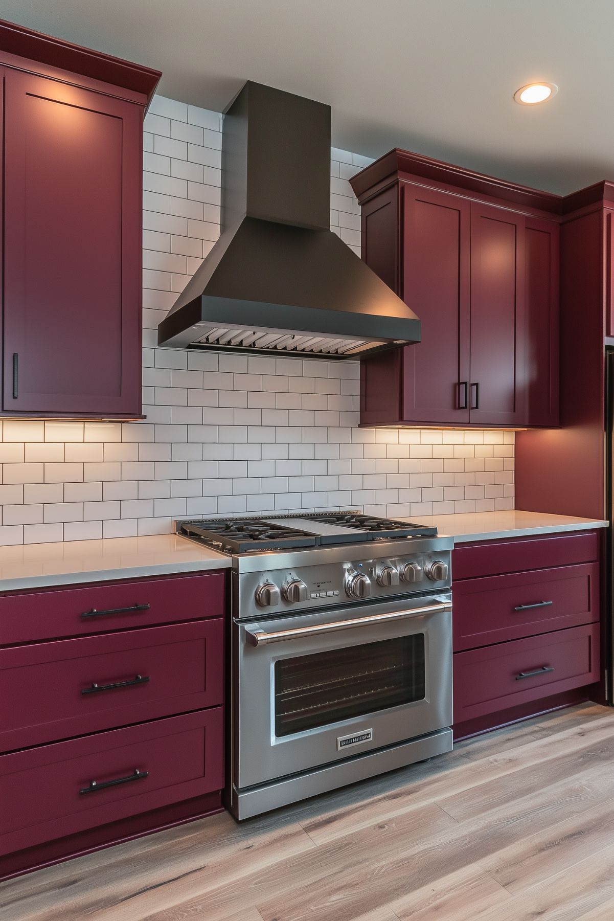 Modern kitchen with rich burgundy cabinets and black hardware, creating a bold contrast with the white subway tile backsplash. The focal point is a sleek black range hood above a stainless steel gas stove, adding a professional touch. Under-cabinet lighting enhances the workspace, while warm-toned wood flooring complements the deep color palette, balancing sophistication with a cozy ambiance.