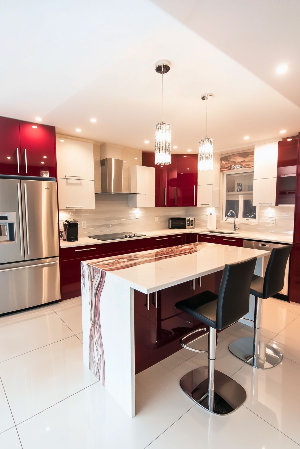 Contemporary kitchen featuring glossy burgundy and white cabinetry that creates a sleek, modern contrast. The central island is highlighted with a unique marbled countertop edge that adds texture and visual interest. Stainless steel appliances enhance the kitchen's modern aesthetic, and pendant lights with crystal accents hang above the island, adding a touch of elegance. The spacious, white-tiled floor reflects light, making the room feel open and inviting, while black barstools provide a comfortable seating area at the island.