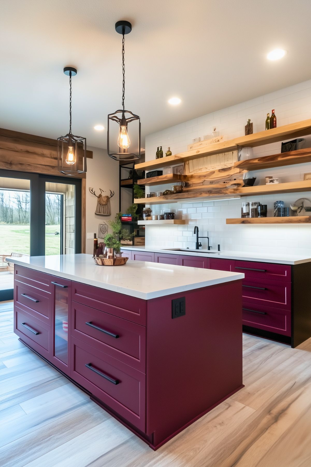 A modern kitchen with burgundy lower cabinets and a central island topped with white countertops, creating a bold and stylish contrast. Open wooden shelves line the back wall, displaying decorative items and kitchen essentials against a classic white subway tile backsplash. Industrial-style pendant lights with exposed bulbs hang above the island, adding a rustic touch. Black accents, including drawer handles and a matte black faucet, enhance the sleek, contemporary feel. The natural wood elements and soft lighting give the kitchen a warm, inviting ambiance.