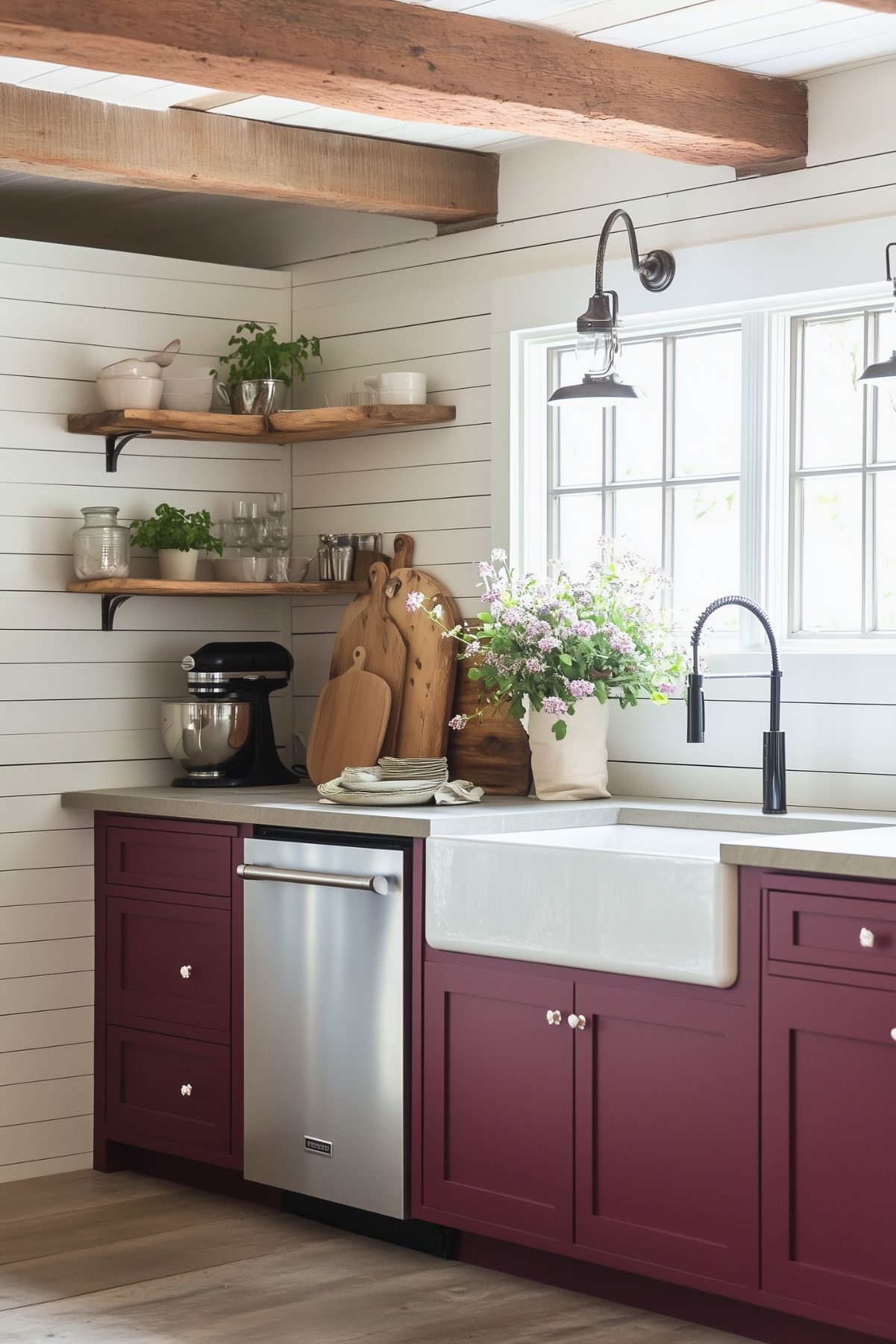 A cozy kitchen with rustic charm, featuring burgundy lower cabinets paired with a farmhouse-style white apron sink. The countertop is neutral, complementing the warm burgundy tone of the cabinetry. White shiplap walls enhance the country feel, while open wooden shelves display dishes and potted plants, adding natural warmth. Exposed wooden ceiling beams and industrial-style wall sconces above the sink add character to the space. A stainless steel dishwasher seamlessly integrates into the cabinetry, and a bouquet of fresh flowers on the counter brings a touch of life and color.






