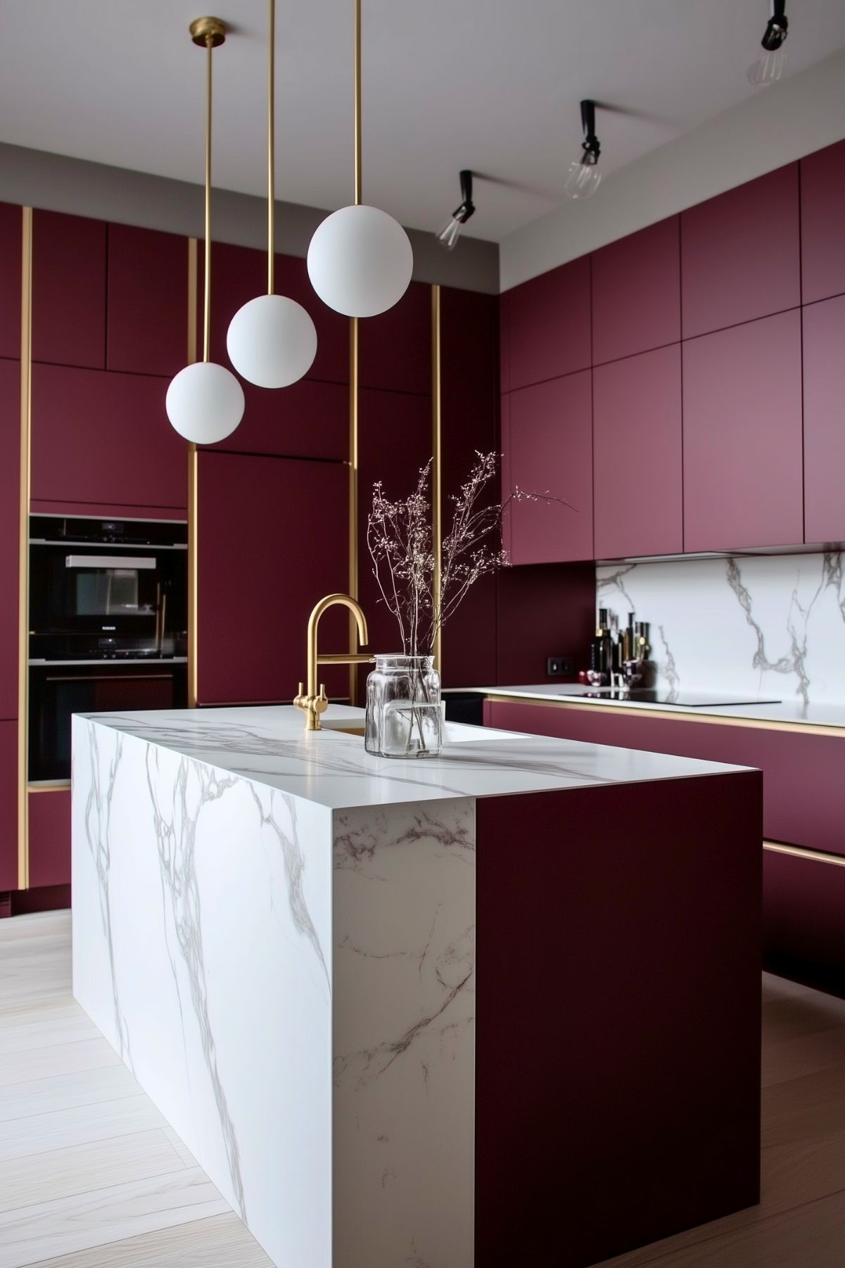 A contemporary kitchen with sleek burgundy cabinetry accented by thin gold trim, creating a luxurious and modern aesthetic. The centerpiece is a marble island with dramatic grey veining, accompanied by a polished gold faucet. Above the island, three large white globe pendant lights hang from thin gold rods, adding a sculptural element to the space. A minimalist jar with delicate dried branches rests on the island, adding an artistic touch. The marble pattern continues as a backsplash, tying the design together with a sophisticated, cohesive look. The combination of deep burgundy, gold, and marble creates an elegant and upscale atmosphere.