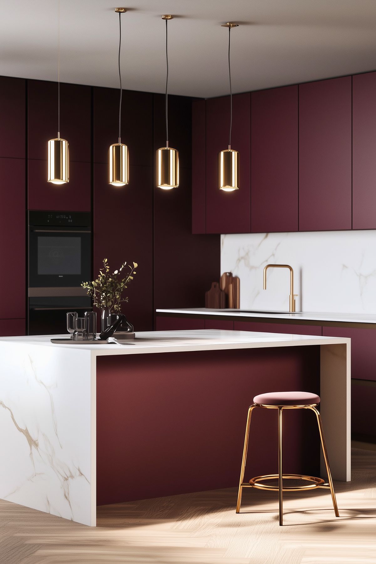 A minimalist kitchen featuring sleek burgundy cabinetry that contrasts with a white marble island, showcasing subtle veining that adds sophistication to the design. Above the island, four modern gold pendant lights with cylindrical shapes hang, illuminating the area with a warm glow. A gold faucet on the counter complements the pendant lights and adds a luxurious touch to the muted color palette. A single barstool with a gold frame and burgundy seat aligns with the color scheme, creating a cohesive look. A small arrangement of decor items, including greenery and glassware, provides a subtle accent on the island's surface. The overall ambiance is contemporary and refined, emphasizing clean lines and elegant finishes.