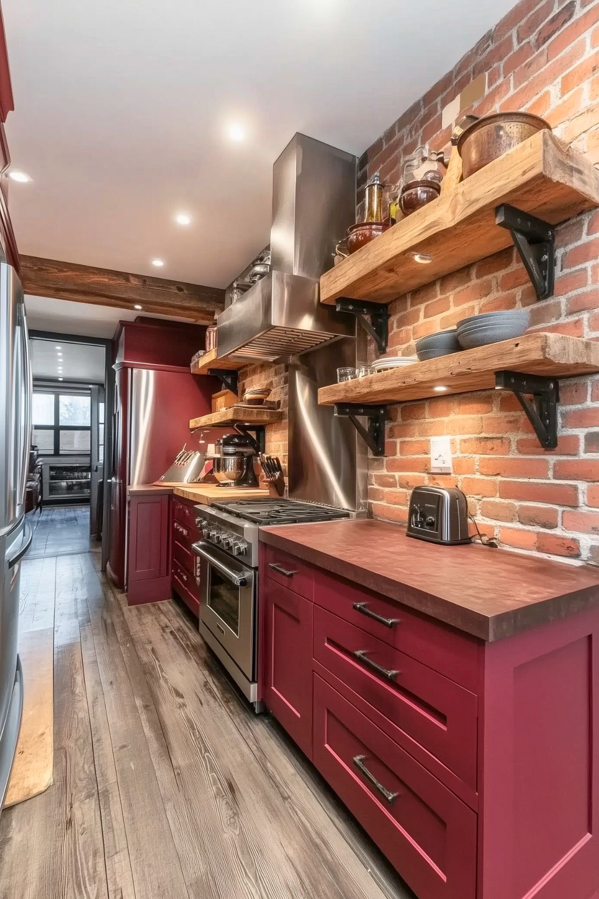 A rustic kitchen with burgundy cabinets paired with a warm, industrial aesthetic. The walls feature exposed red brick, creating a cozy backdrop that contrasts with the sleek stainless steel appliances. Wooden open shelves with black metal brackets add a touch of farmhouse charm, holding various kitchen essentials and decor items. The countertops have a rich, earthy tone, enhancing the rustic vibe. The floor is finished in weathered wood, which adds to the kitchen’s warm, inviting look. Track lighting brightens the space, making it both functional and stylish.