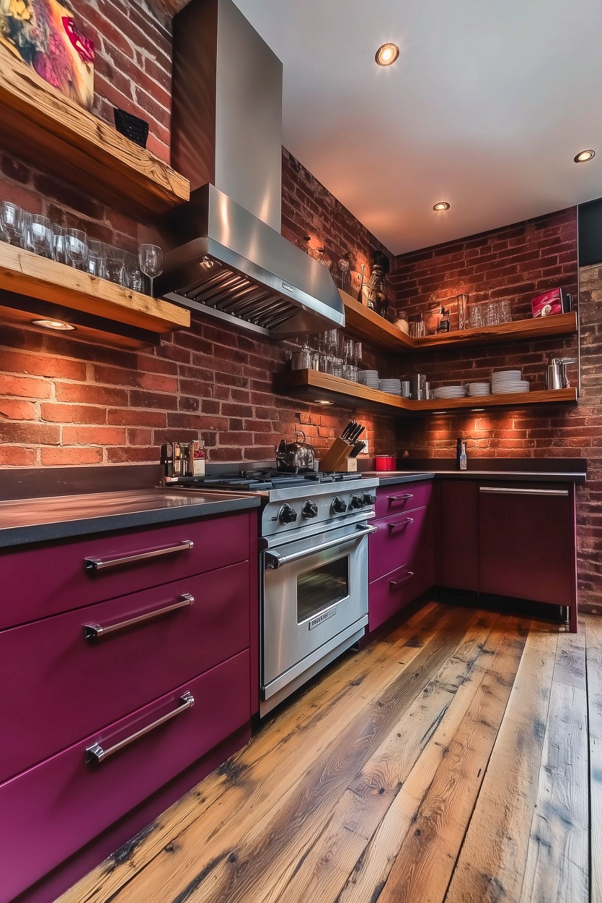 A contemporary kitchen with a warm, industrial look, featuring burgundy cabinetry and exposed red brick walls. The cabinetry is accented with sleek chrome handles, creating a modern contrast to the rustic brick backdrop. Open wooden shelves along the walls hold an array of glassware and dishes, illuminated by subtle under-shelf lighting that adds warmth and dimension. A stainless steel range and hood complement the industrial aesthetic, while the reclaimed wood flooring brings in a natural, textured element, grounding the kitchen's vibrant color palette.