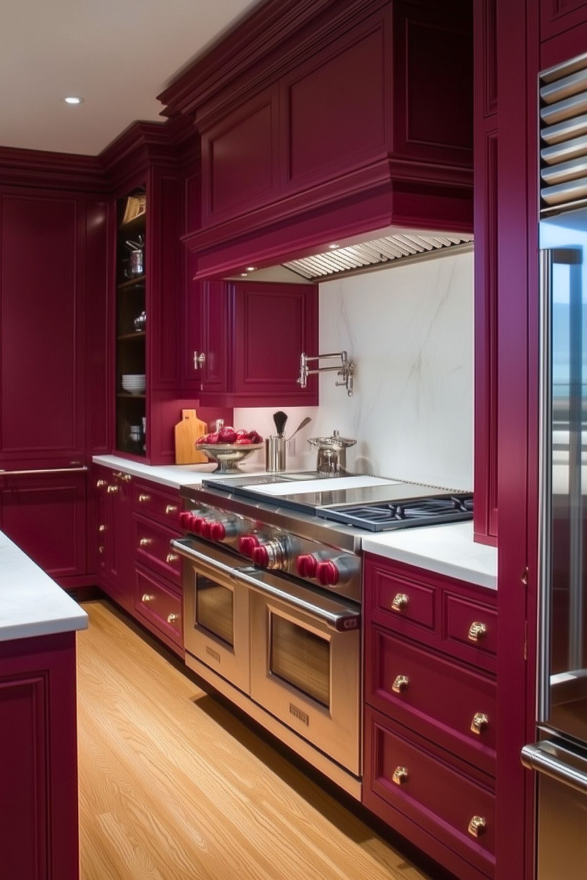 A luxurious kitchen featuring rich burgundy cabinetry with brass hardware, creating a bold and elegant look. The cabinetry extends to the ceiling, maximizing storage and creating a seamless, built-in appearance. A high-end stainless steel range with red control knobs adds a professional-grade touch, set against a sleek, white marble backsplash with subtle veining. The kitchen is well-lit with under-cabinet lighting, illuminating the workspace.