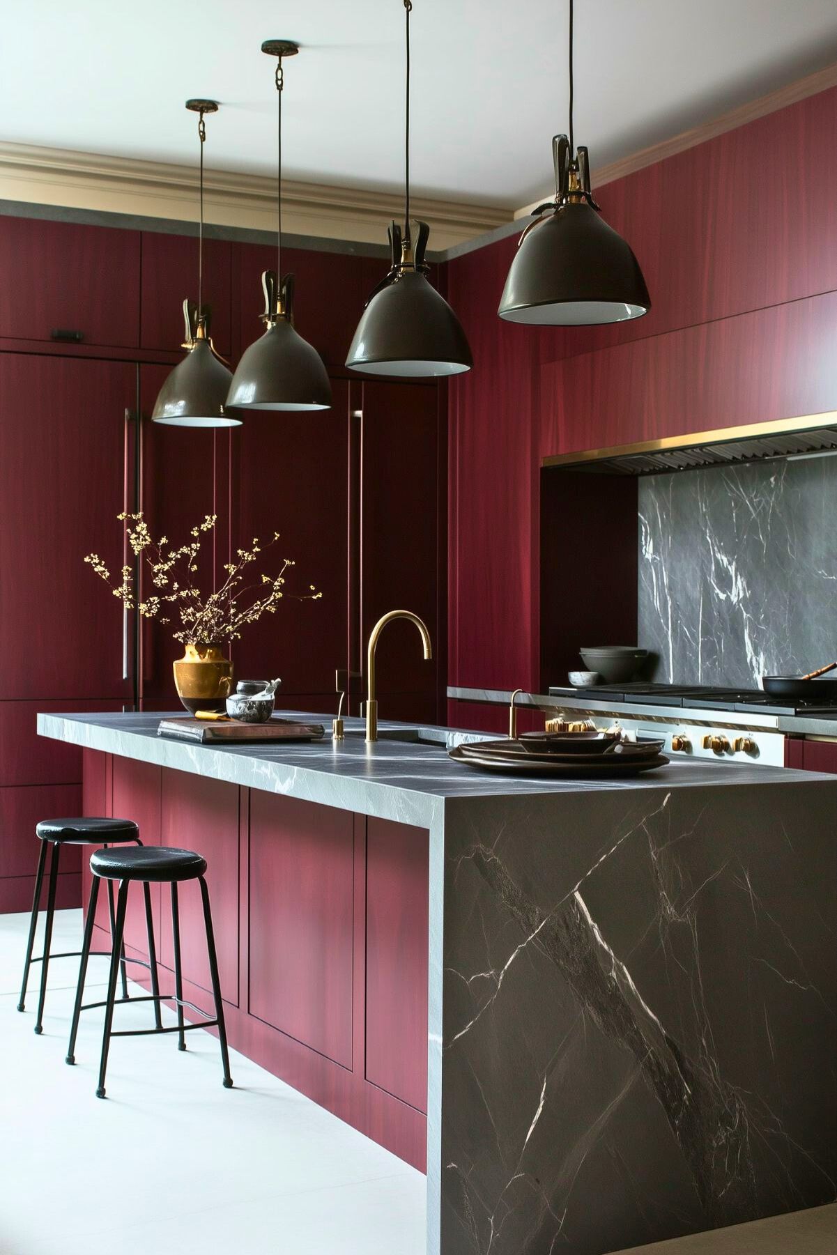 A stylish kitchen with sleek burgundy cabinets and a deep charcoal island topped with marble featuring prominent white veining. The kitchen’s sophisticated palette is complemented by matte black pendant lights hanging above the island, with their industrial style adding a modern touch. A brass faucet stands out on the island, paired with black and gold accents for an elegant look. Minimalist black bar stools with cushioned seats provide seating, while a gold vase with delicate branches adds an organic touch to the refined, contemporary space.