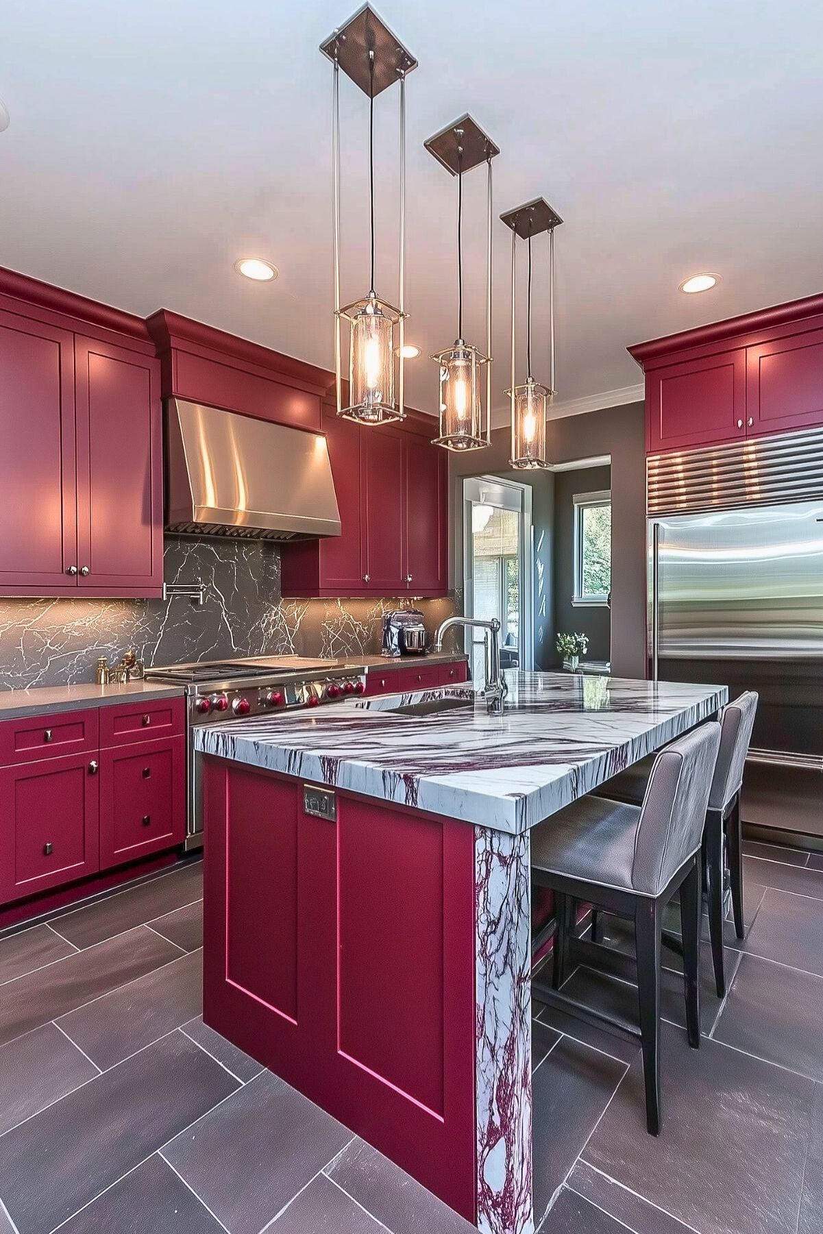 A contemporary kitchen featuring bold burgundy cabinetry paired with a striking marble countertop on the island, showcasing rich purple and white veining that adds dynamic texture. Sleek, stainless steel appliances, including a large hood and a refrigerator, bring a modern industrial touch to the space. The backsplash continues the marble theme with gray and white veining. Above the island, a set of pendant lights with metal frames and glass enclosures illuminate the space, enhancing the kitchen's chic and sophisticated ambiance. Two upholstered chairs in a neutral gray tone are tucked under the island, completing the look.