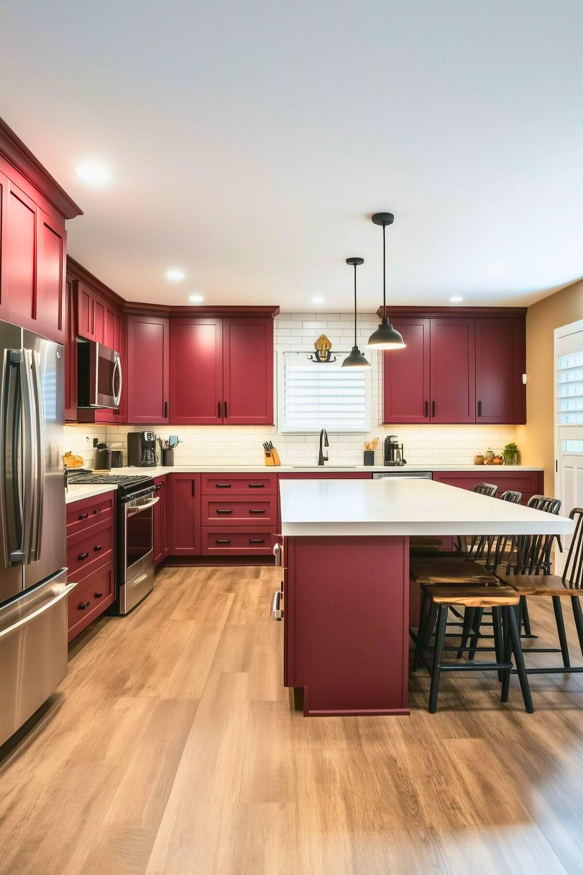 This inviting kitchen showcases burgundy cabinetry paired with a light, neutral countertop, creating a warm and vibrant atmosphere. The white subway tile backsplash with dark grout adds a classic touch and enhances the overall contrast. Black hardware on the cabinets complements the industrial-style pendant lights above the island, adding a touch of modern farmhouse flair. Stainless steel appliances, including a refrigerator and oven, blend seamlessly into the design. The wood flooring adds warmth to the space, while barstools with natural wood seats provide a cozy seating area at the kitchen island, making it ideal for casual dining and socializing.