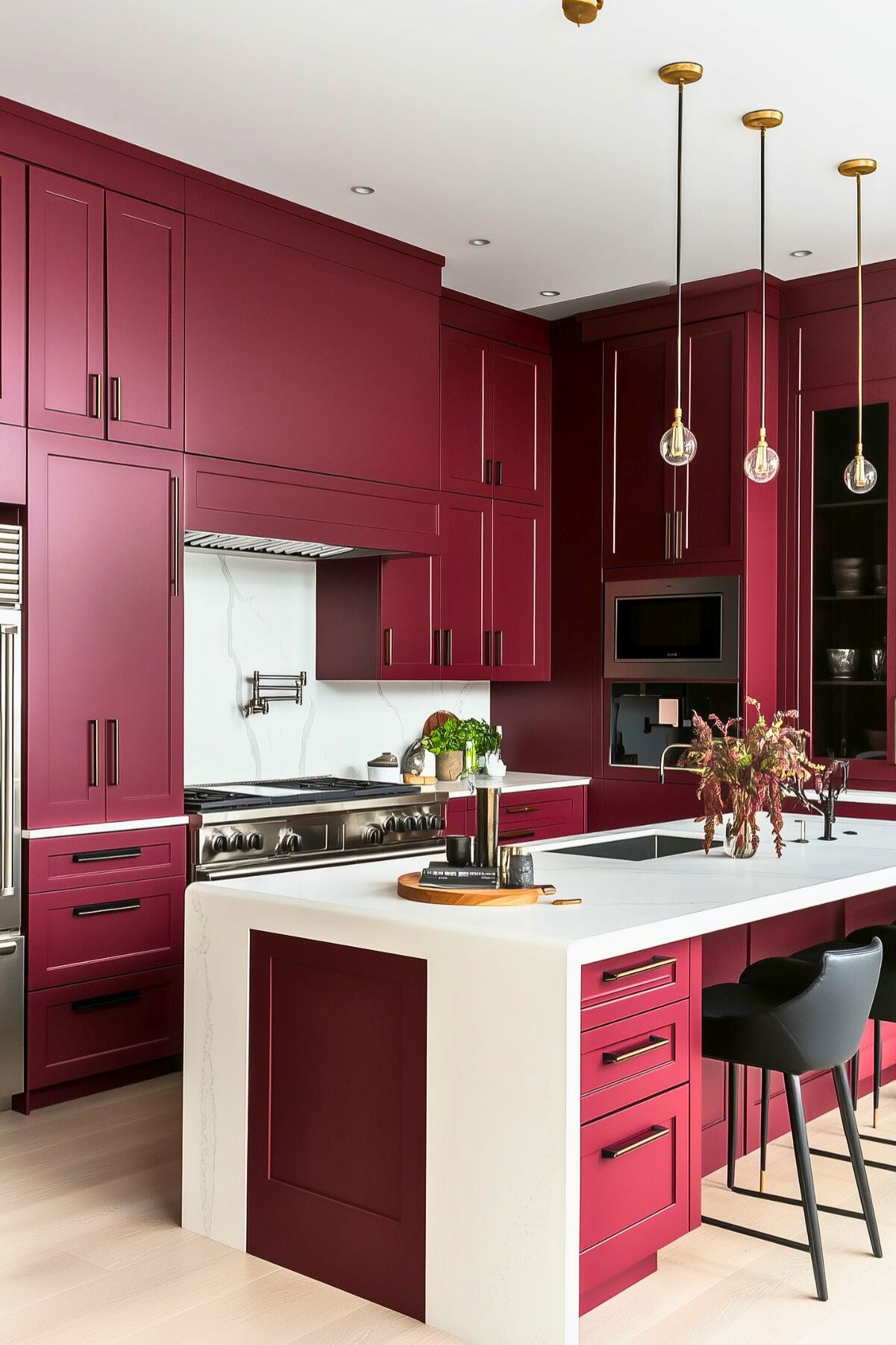 This modern kitchen features rich burgundy cabinetry, creating a bold and sophisticated look. The white quartz countertops provide a crisp contrast to the deep cabinetry color, with a waterfall edge on the island adding a touch of elegance. Sleek black hardware and minimalist pendant lights with exposed bulbs contribute to the contemporary style. Stainless steel appliances, including a range and built-in microwave, blend seamlessly with the design, while a few greenery accents add a fresh, natural element to the space. The island includes seating with black chairs, offering a cozy spot for dining or casual gatherings.