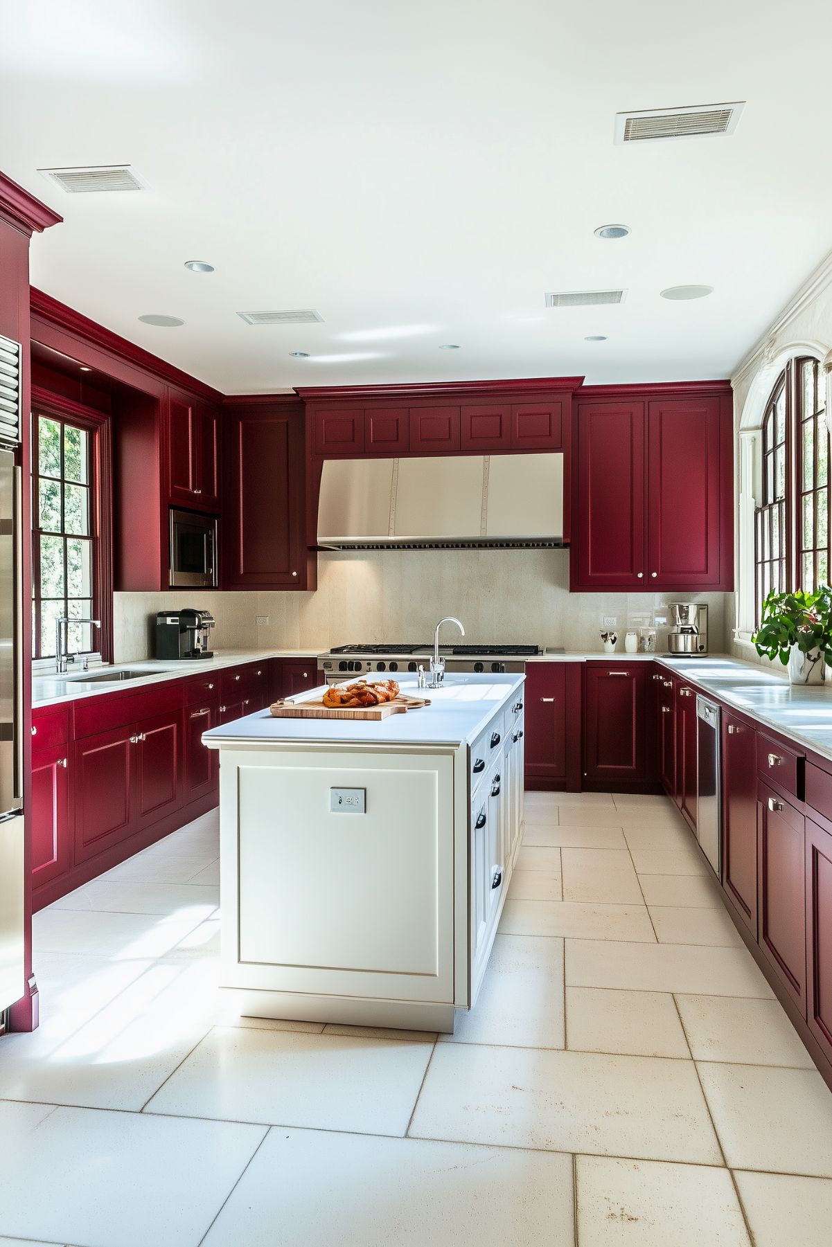 Spacious kitchen with burgundy cabinetry, a large white island, stainless steel appliances, and a neutral tiled floor. The design features a custom range hood, ample counter space, and large windows that fill the room with natural light, creating a balanced and elegant atmosphere.