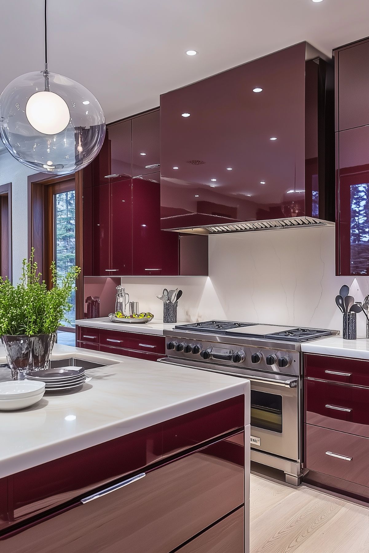 Modern kitchen with glossy burgundy cabinets, white countertops, and stainless steel appliances. A large, round pendant light adds elegance, and the backsplash features a subtle marble texture. The design is sleek and sophisticated, with minimalist decor and ample lighting creating a warm ambiance.