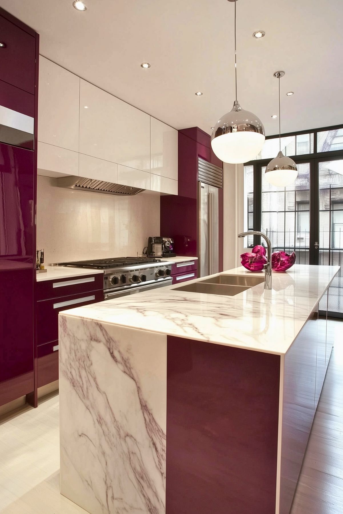 Modern kitchen featuring high-gloss burgundy cabinets, sleek white upper cabinets, and a large marble island with a waterfall edge. Stainless steel appliances and a minimalist design give the space a refined, contemporary look. Pendant lighting and recessed ceiling lights add warmth and ambiance, while large windows bring in natural light.