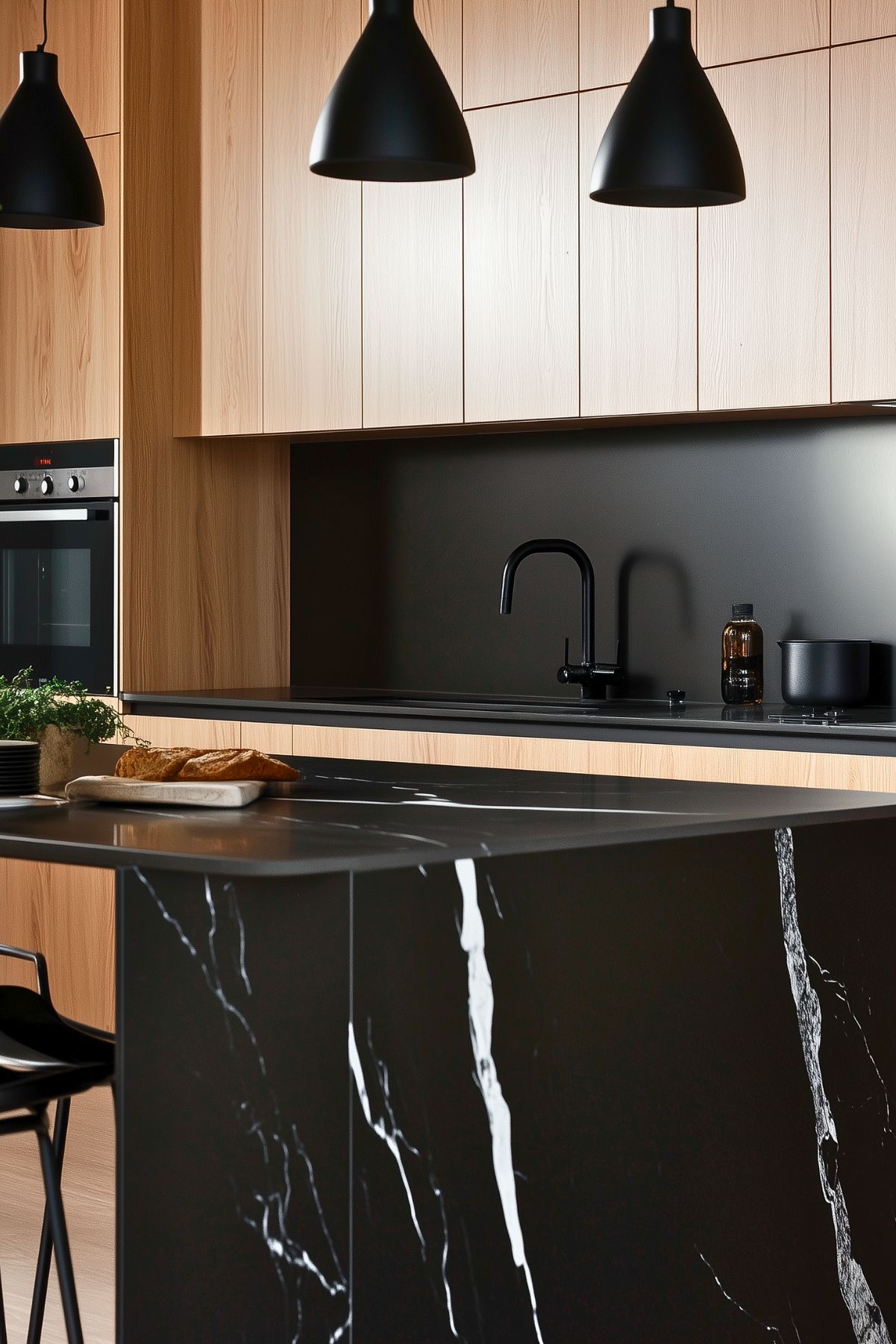 Modern kitchen with white oak cabinets, black marble island with white veining, matte black faucet, black backsplash, and pendant lighting, creating a sleek, minimalist aesthetic with a bold contrast.