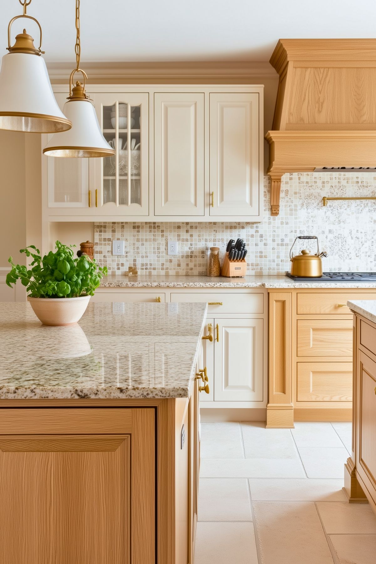 Cozy kitchen design featuring a mix of white and light oak cabinetry, golden pendant lights, and mosaic tile backsplash. Includes a kitchen island with granite countertop, oak base, and fresh herbs, emphasizing a modern yet rustic charm.