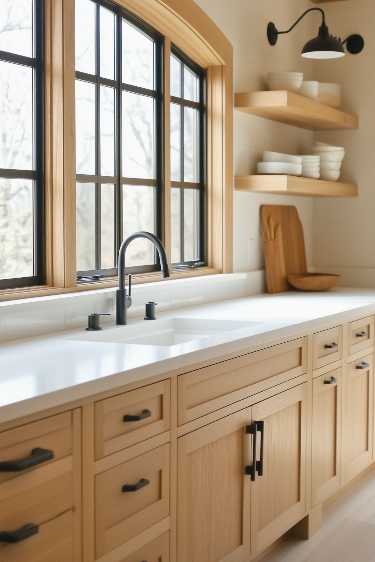 Modern farmhouse kitchen with white oak cabinets, black hardware, large arched window, open shelving, and a sleek black faucet, creating a warm and inviting space with natural light.