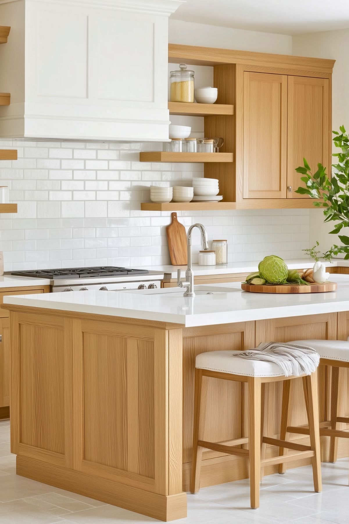 Bright kitchen with white oak cabinets, open shelving, white subway tile backsplash, large island with quartz countertop, and modern chrome faucet, featuring minimalist decor and natural light for an airy feel.