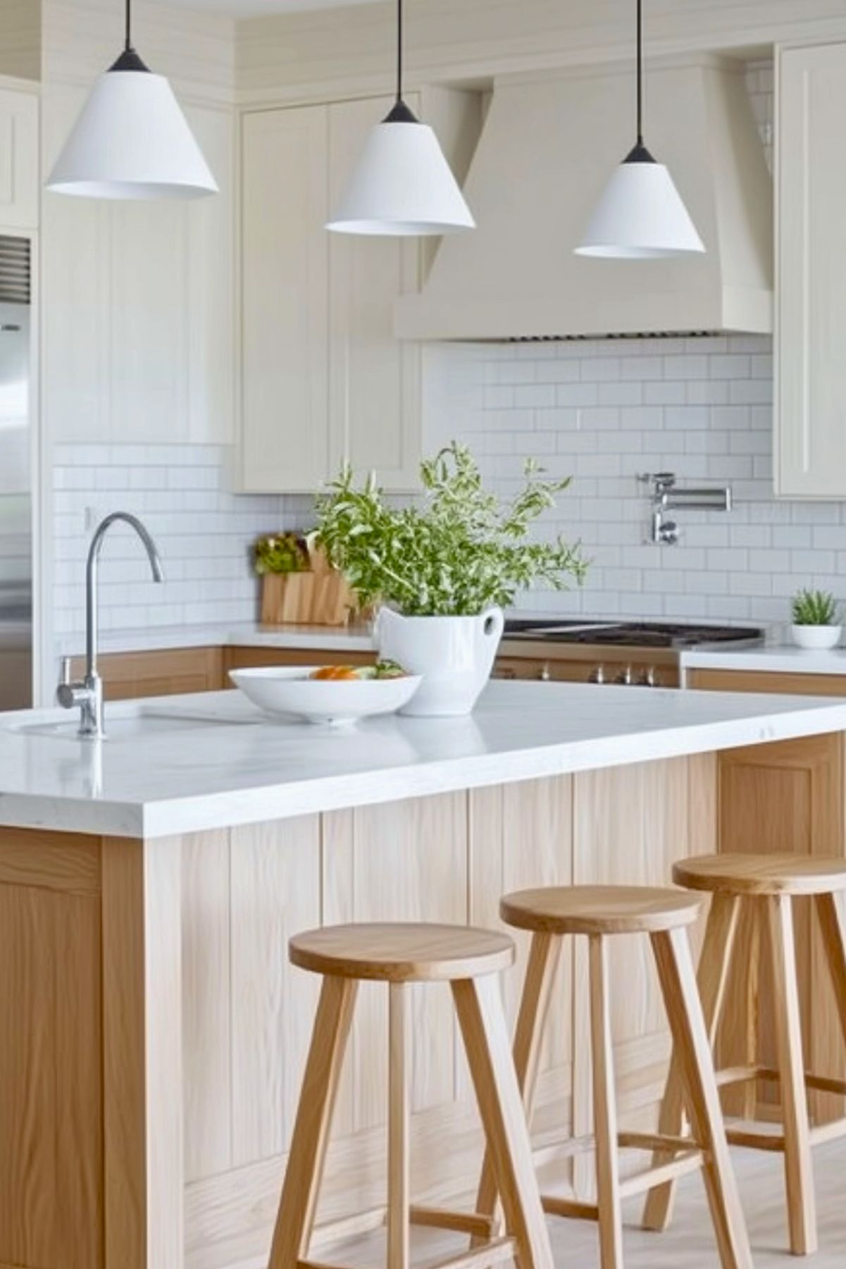 Bright and airy kitchen with white shaker cabinets, white subway tile backsplash, and light oak wood accents. Features white pendant lighting, sleek stainless steel faucet, and oak bar stools at a modern kitchen island with a white quartz countertop.