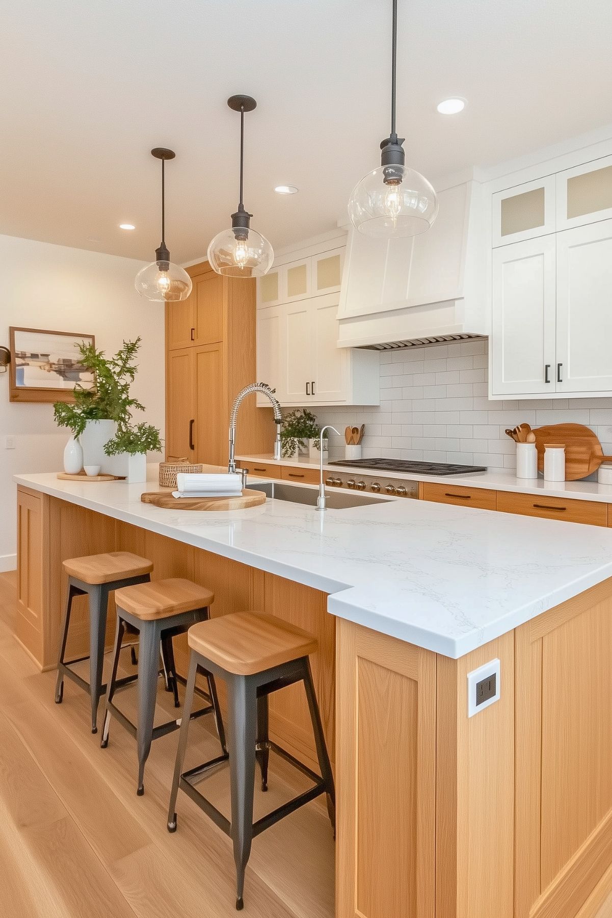 Bright and inviting kitchen featuring light oak cabinetry, clear glass pendant lights, and a white marble island countertop. Includes elements like modern bar stools, stainless steel appliances, and a white subway tile backsplash, creating a warm and contemporary cooking space.