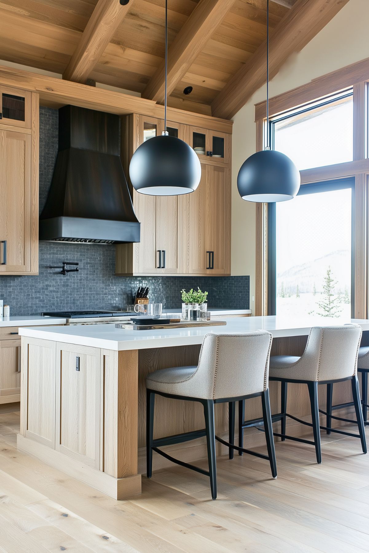 Modern mountain home kitchen with natural light oak cabinetry, vaulted wooden ceilings, and sleek black pendant lights. Features a central island with light stone countertops and elegant gray upholstered bar stools, complemented by a dark tile backsplash and panoramic windows showcasing a scenic view.