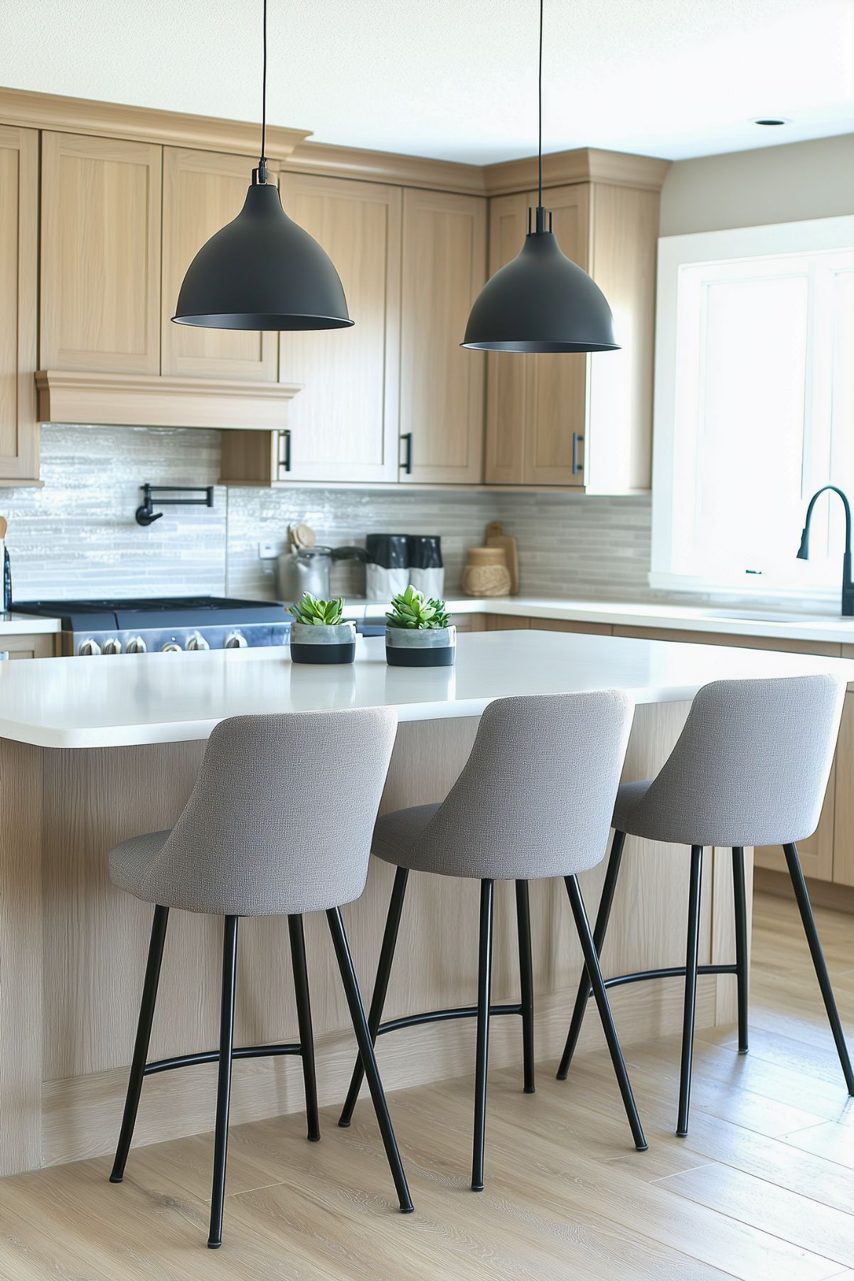 Contemporary kitchen with natural light oak cabinetry, modern black pendant lighting, and a sleek white countertop island. Features include gray upholstered bar stools, a gray stone backsplash, and a black matte faucet, creating a harmonious blend of modern and traditional elements.