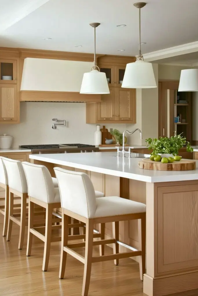 Charming kitchen with light oak cabinetry and integrated lighting, featuring a white quartz island with stylish white upholstered bar stools. Includes elegant pendant lighting, modern kitchen appliances, and a minimalist decor with natural green accents, creating a warm and welcoming atmosphere.