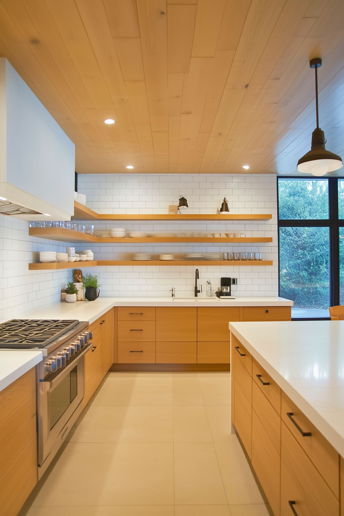 Sleek modern kitchen with light oak cabinetry, white subway tile backsplash, and warm wooden ceiling. Features floating shelves, a professional gas range, and a large island with white countertops. Industrial-style pendant lighting and large windows create a bright and welcoming space.