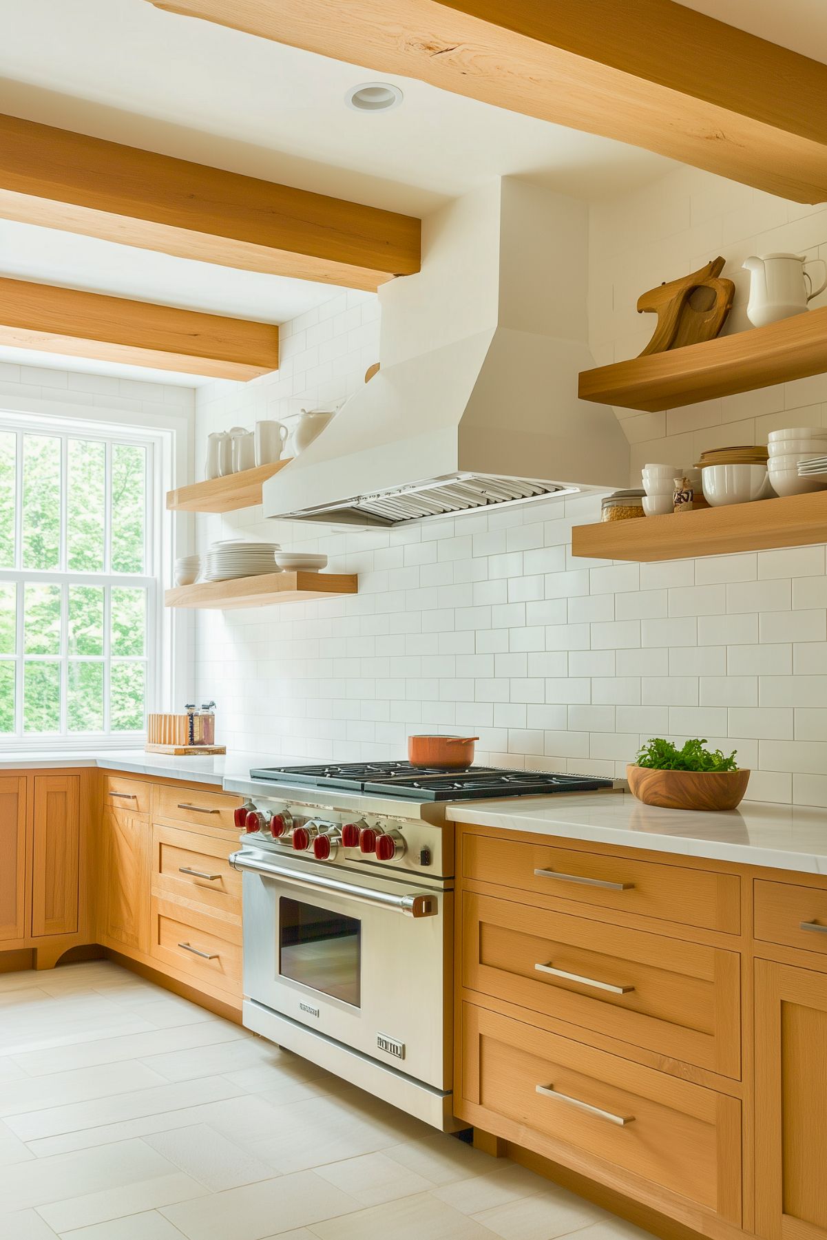 Modern farmhouse kitchen with natural oak cabinets, white subway tile backsplash, and exposed wooden beams. Features a professional stainless steel stove, floating wooden shelves for dishware, and a bright window overlooking greenery, offering a blend of rustic charm and contemporary design.