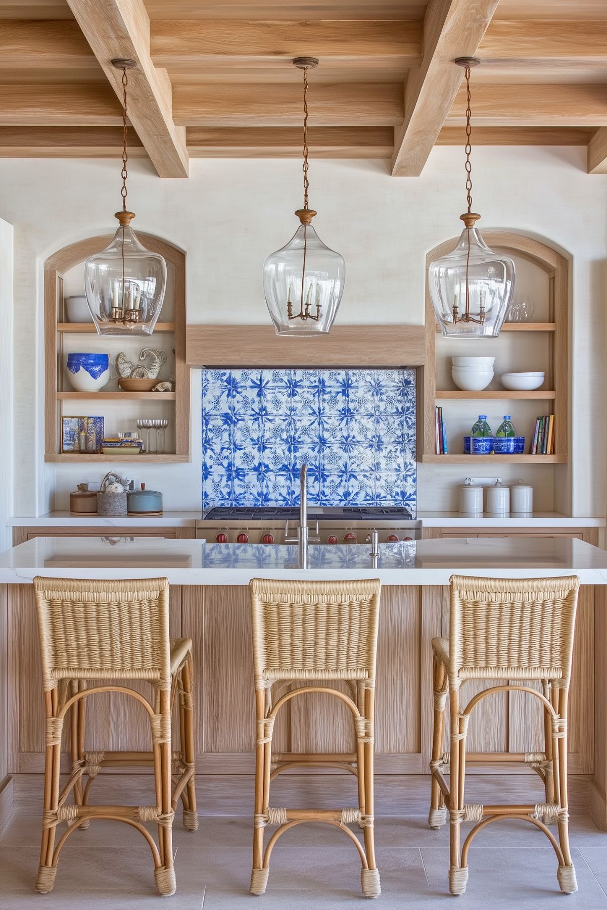 Coastal-style kitchen with white oak cabinetry, woven bar stools, blue and white patterned tile backsplash, pendant lighting, and exposed wood ceiling beams, creating a relaxed and airy atmosphere.