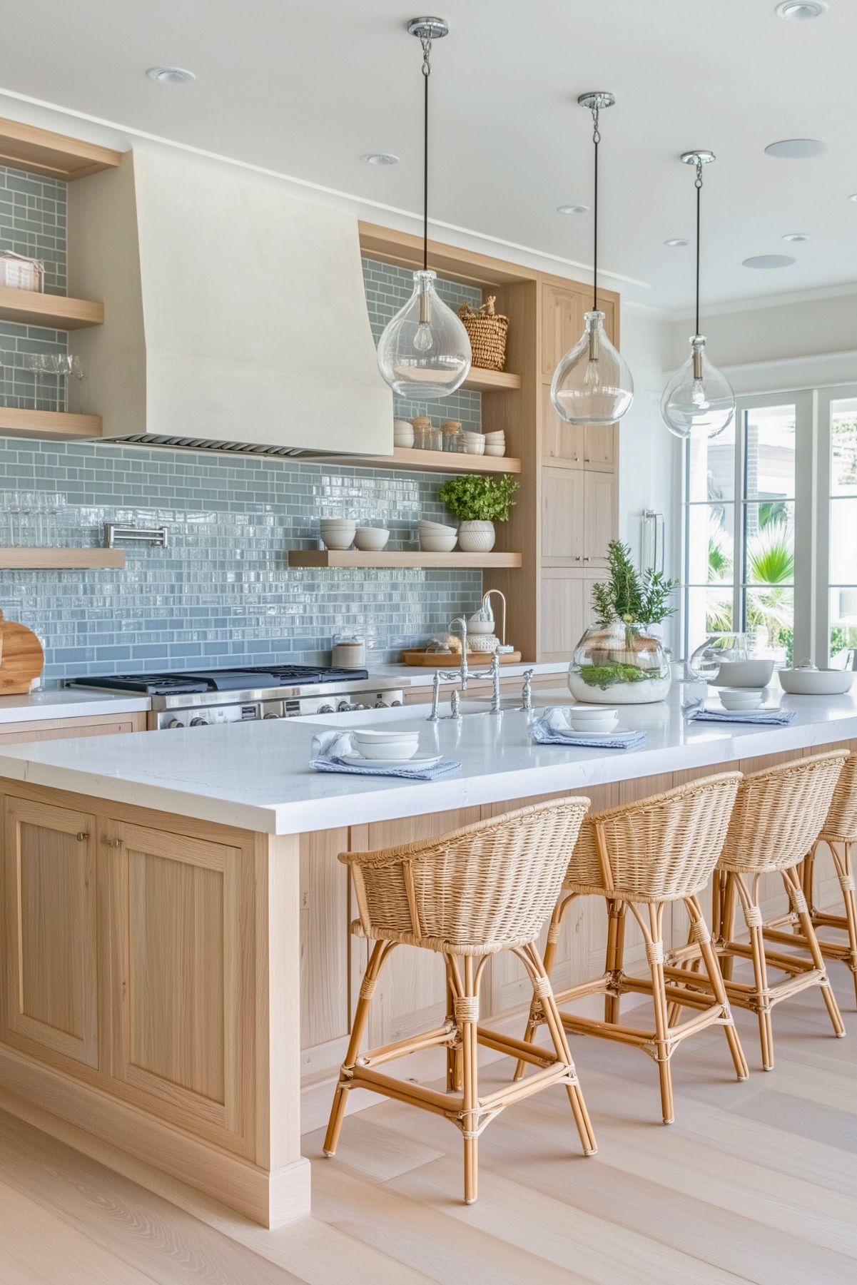 Bright coastal-style kitchen with light oak cabinets and a white quartz island. Features include rattan bar stools, transparent glass pendant lights, and a soft blue tile backsplash, creating a fresh and airy beach house feel.