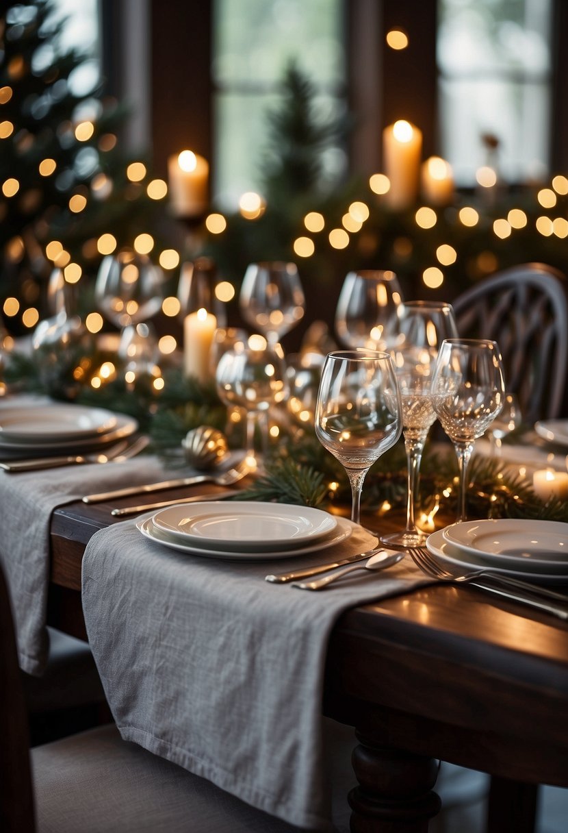 A beautifully set table with festive dishes, elegant silverware, and sparkling glassware, all arranged with holiday-themed decorations and a warm, inviting ambiance