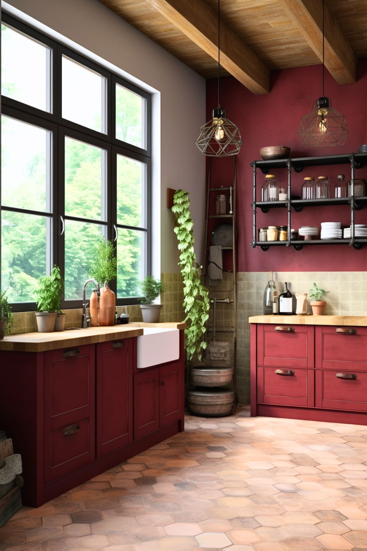 This charming kitchen combines rustic and industrial elements with a bold burgundy color scheme. The lower cabinets, painted in a rich burgundy, are paired with natural wood countertops that add warmth to the space. A large farmhouse sink is framed by a picture window, allowing ample natural light to pour in, while potted herbs on the windowsill bring a touch of greenery indoors. The hexagonal terracotta floor tiles provide an earthy, vintage feel. Overhead, exposed wooden beams and geometric pendant lights enhance the rustic-industrial vibe. An open metal shelf along the burgundy wall showcases glass jars and dishware, adding functional storage and visual interest to this cozy and stylish kitchen.