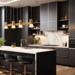 A luxurious black kitchen featuring gold accents, marble countertops, and a matching backsplash. A modern light fixture hangs above the island, paired with gold-based bar stools, creating an elegant and sophisticated design.