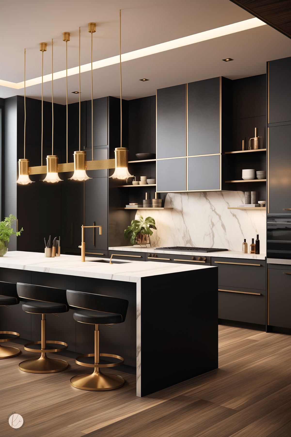 A luxurious black kitchen featuring gold accents, marble countertops, and a matching backsplash. A modern light fixture hangs above the island, paired with gold-based bar stools, creating an elegant and sophisticated design.