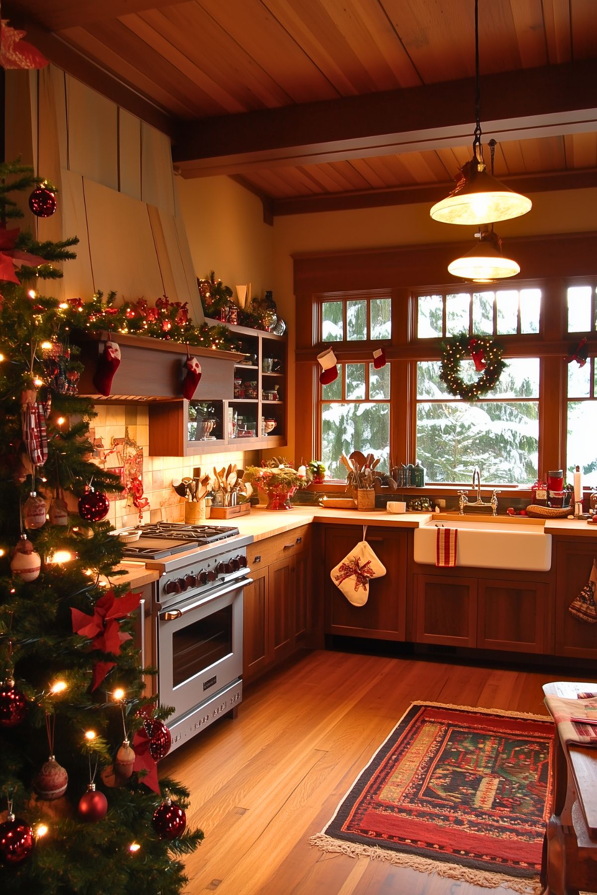 A festive kitchen adorned with Christmas decor, featuring a decorated tree, hanging stockings, and garlands of lights. Warm wood cabinetry and large windows create a cozy atmosphere, with a snowy landscape visible outside. A red and green rug adds seasonal charm, while wreaths and holiday accents complete the cheerful holiday setting.