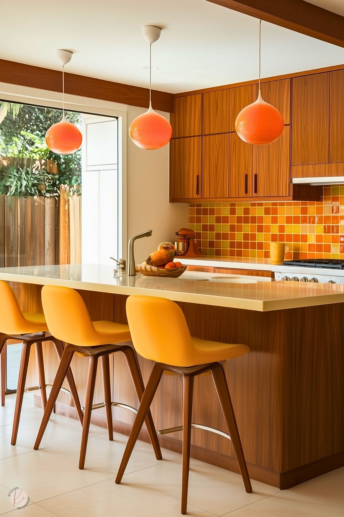 A vibrant, retro-inspired kitchen featuring warm wood cabinetry and a colorful orange and yellow tiled backsplash. The island has a smooth beige countertop with sleek orange barstools that have wooden legs. Bold orange pendant lights hang above, adding a playful and dynamic touch. Large windows bring in natural light, enhancing the cheerful and energetic atmosphere of the space.