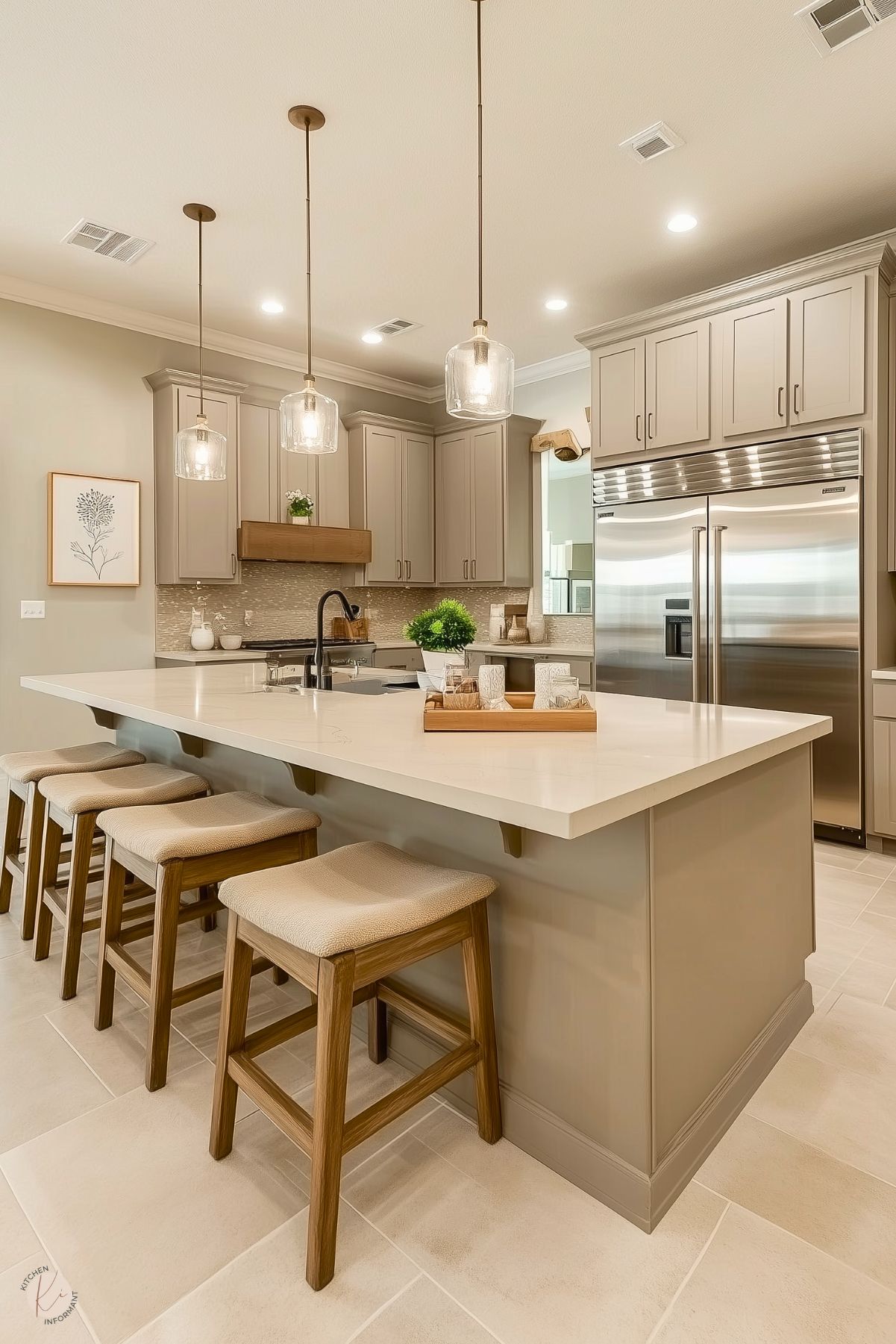 A modern kitchen featuring neutral-toned cabinetry, a sleek island with a polished white countertop, and comfortable wooden barstools with upholstered seats. Glass pendant lights hang above the island, providing soft illumination. The stainless steel refrigerator and minimalist decor, including a small potted plant and a framed botanical print, create a clean and welcoming ambiance.