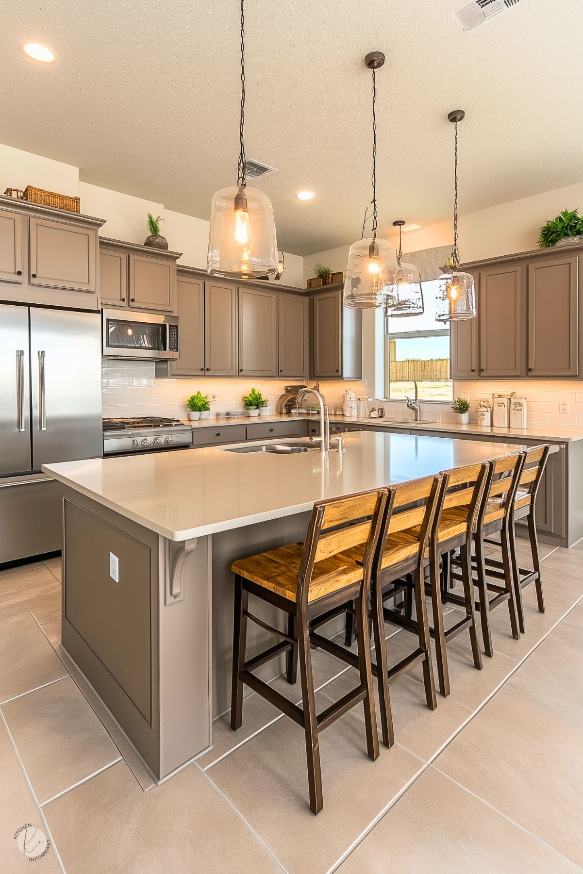 A spacious and modern kitchen featuring taupe cabinetry, a large island with a sleek quartz countertop, and rustic wooden barstools. Clear glass pendant lights with Edison bulbs hang above the island, adding a touch of industrial charm. Stainless steel appliances, a white subway tile backsplash, and small potted plants create a clean, fresh aesthetic that blends functionality with style.