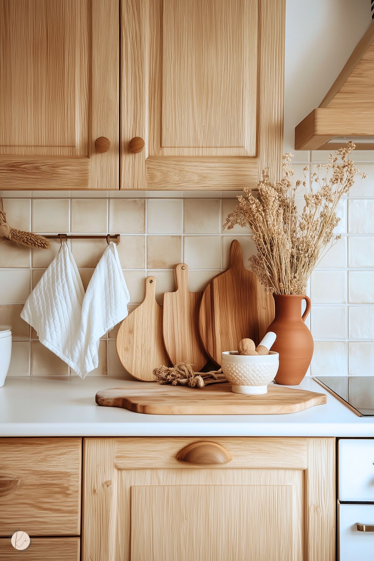 A cozy kitchen corner with natural wood cabinets, cream-colored tiled backsplash, and a countertop featuring stacked wooden cutting boards, a terracotta vase with dried flowers, and a white ceramic mortar and pestle. Two white dish towels hang on a metal rod, adding a touch of simplicity to the earthy design.