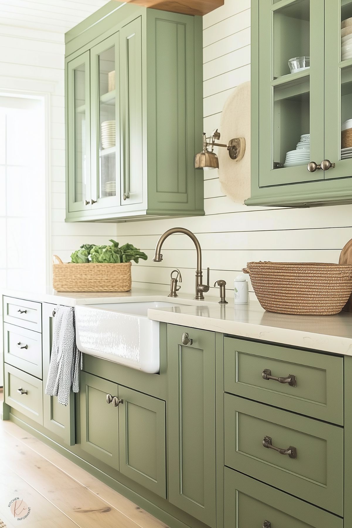 A bright kitchen with sage green cabinetry, a white farmhouse sink, and brushed bronze hardware. The countertop features a woven basket of fresh greens and a wicker storage basket, adding natural textures. Glass-front cabinets showcase neatly arranged dishware, while shiplap walls and warm natural lighting create a welcoming, country-inspired atmosphere.