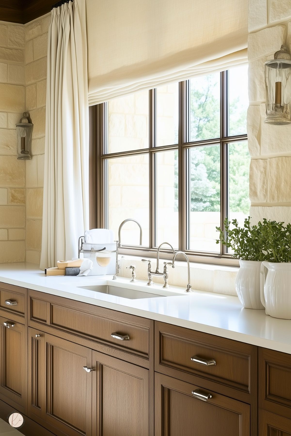 A serene kitchen featuring warm wood cabinetry with polished chrome hardware and a crisp white countertop. The large window with dark trim allows natural light to flood the space, complemented by soft beige curtains. A farmhouse-style sink with a chrome faucet is adorned with minimalistic decor, including white ceramic vases holding greenery and a neatly organized caddy with kitchen essentials. The textured stone walls add a rustic yet elegant charm.