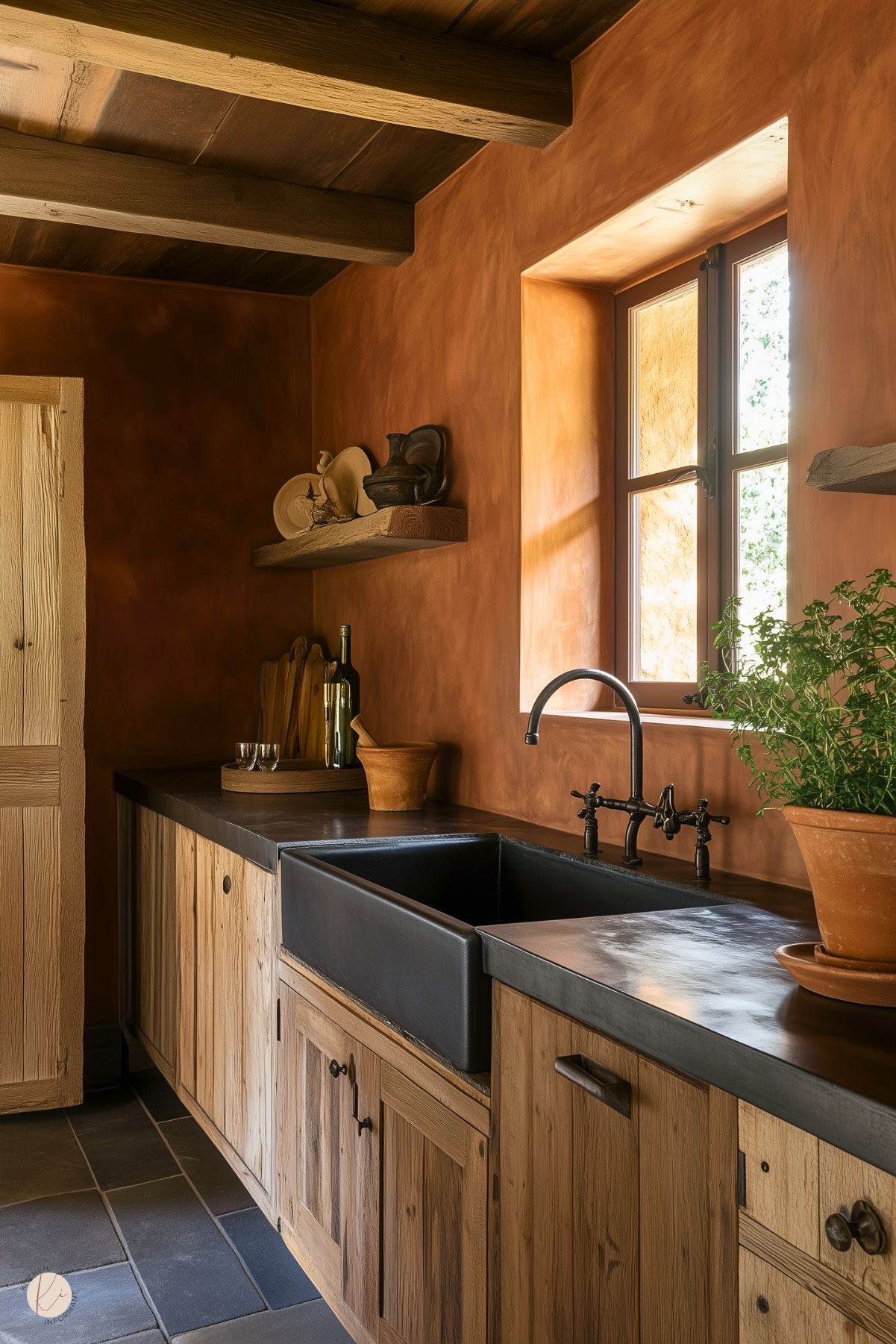 A rustic kitchen with warm terracotta walls, natural wood cabinetry, and a matte black farmhouse sink. The dark stone countertops provide a sleek contrast, while open wooden shelves hold rustic pottery and decor. A potted herb plant adds a touch of greenery, and soft light filters through a simple wooden-framed window, enhancing the cozy, earthy atmosphere. Exposed wooden beams on the ceiling complete the traditional, country-inspired design.