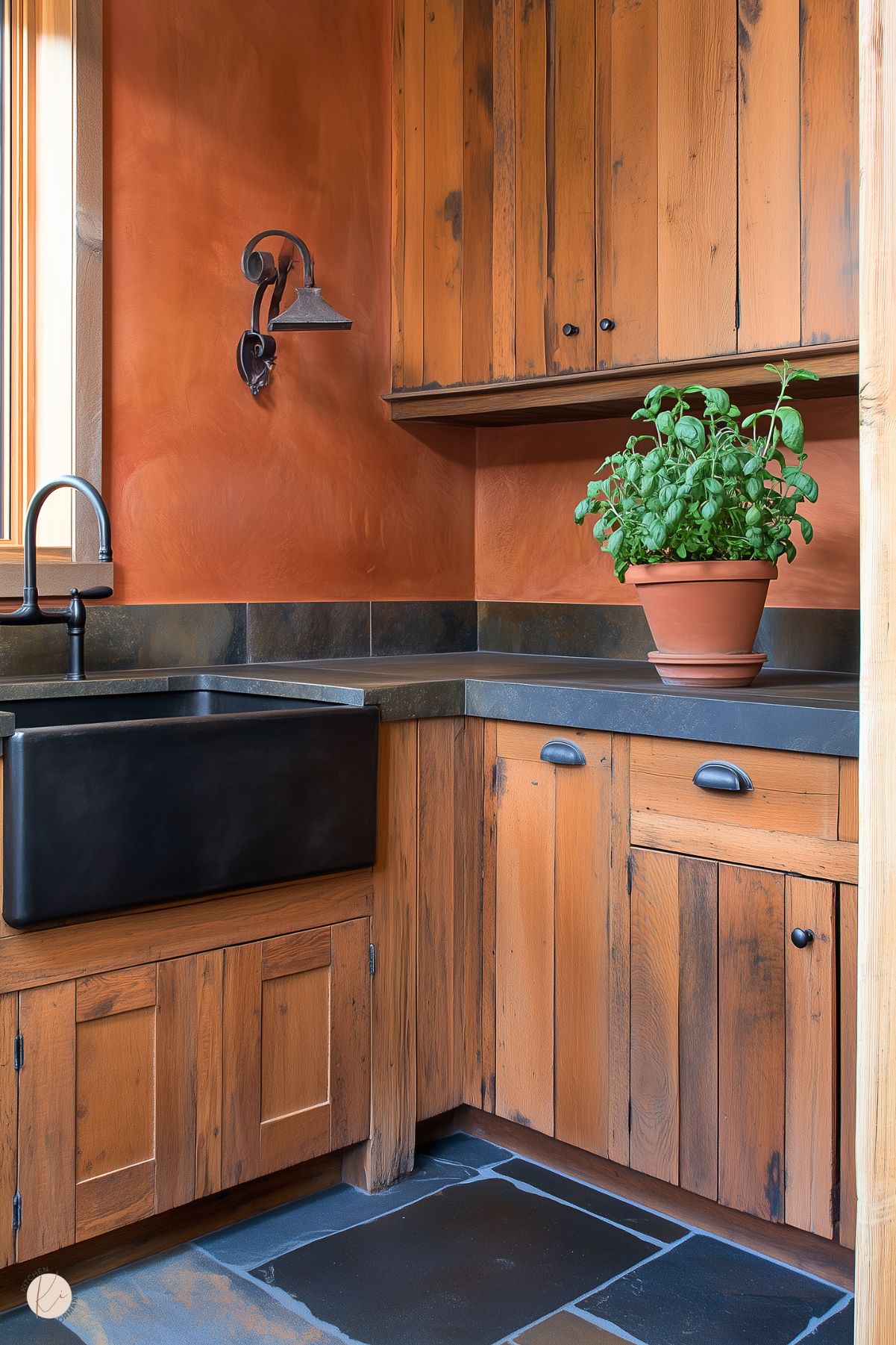 A rustic kitchen with warm wood cabinetry and a rich terracotta wall finish. The space features a black farmhouse sink with a matte black faucet and dark stone countertops. A potted basil plant adds a touch of greenery, enhancing the natural and cozy atmosphere. Slate tile flooring and a vintage-inspired wall sconce complete the earthy, charming design.