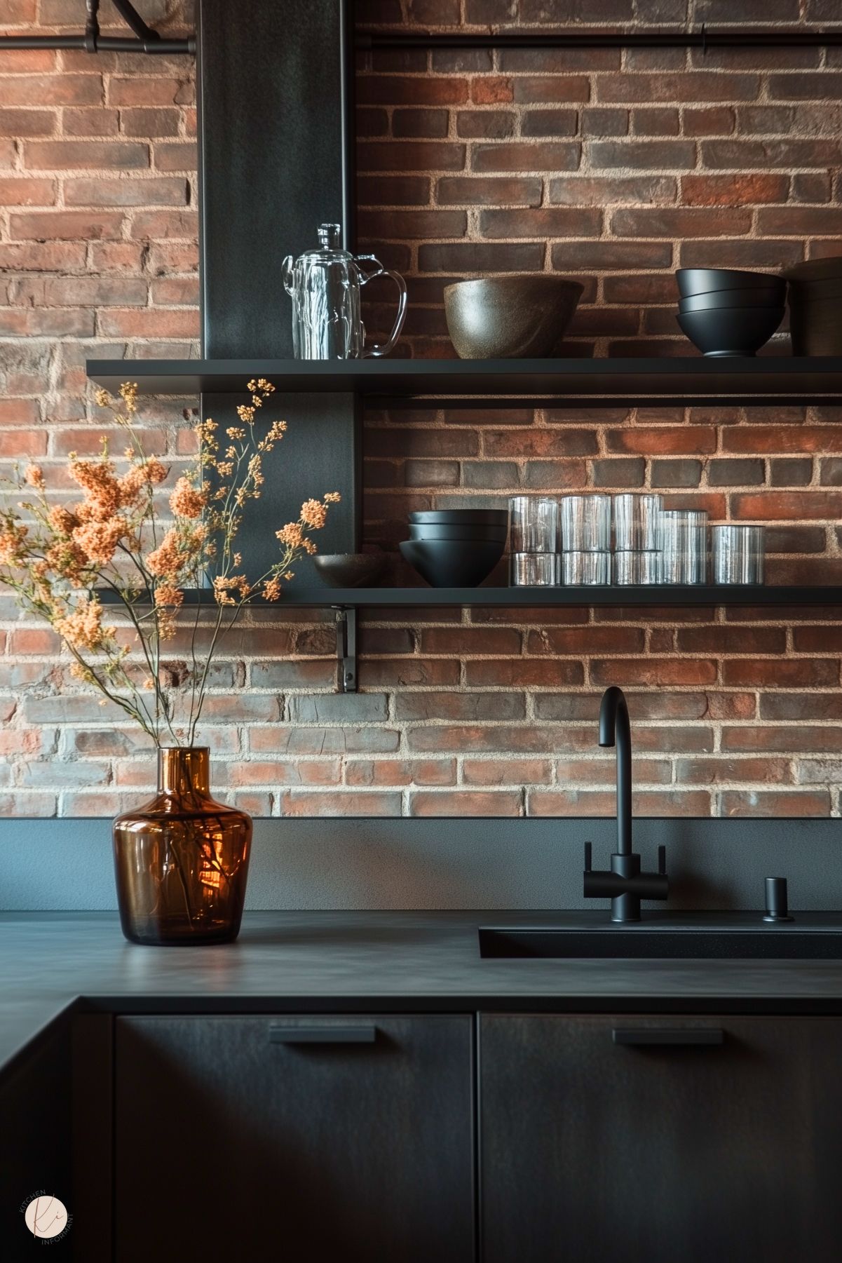 A sleek, industrial kitchen featuring a brick backsplash, black cabinetry, and matte black fixtures. Open black shelves display glassware and black bowls, complementing the minimalist aesthetic. An amber glass vase with dried floral stems adds a touch of warmth and texture, softening the space's bold, modern design.