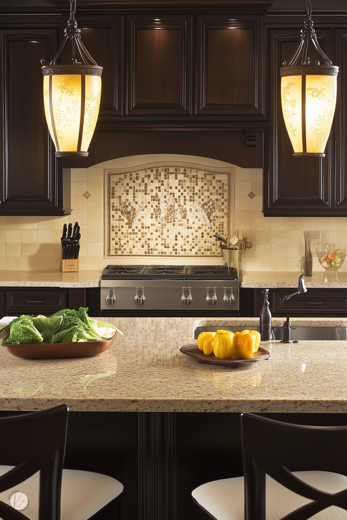 A luxurious kitchen featuring dark wood cabinetry and a richly detailed mosaic tile backsplash with a floral motif. The granite island countertop provides ample space and showcases decorative accents, including a wooden bowl of fresh lettuce and a tray of bright yellow bell peppers. Warm pendant lights with intricate designs hang above, casting a golden glow over the space. A professional-grade stainless steel stove and faucet complete the elegant and inviting atmosphere.