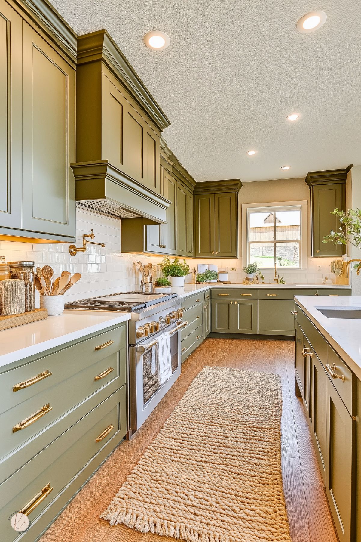 A charming kitchen featuring olive green cabinetry with brass hardware, white quartz countertops, and a warm wood floor. The white subway tile backsplash adds a classic touch, complemented by a gold pot filler above the stove. Decorative accents include wooden utensils, potted herbs, and clear jars, adding warmth and functionality. A soft, woven rug runs the length of the kitchen, enhancing the cozy and inviting atmosphere. Natural light pours in through the window, completing the vibrant yet serene design.